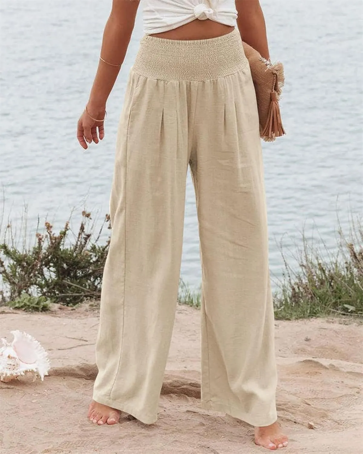 Chatinction Women Linen Palazzo Pants Flowy Wide Leg High Waist Lounge Boho Pant Trousers with Pockets