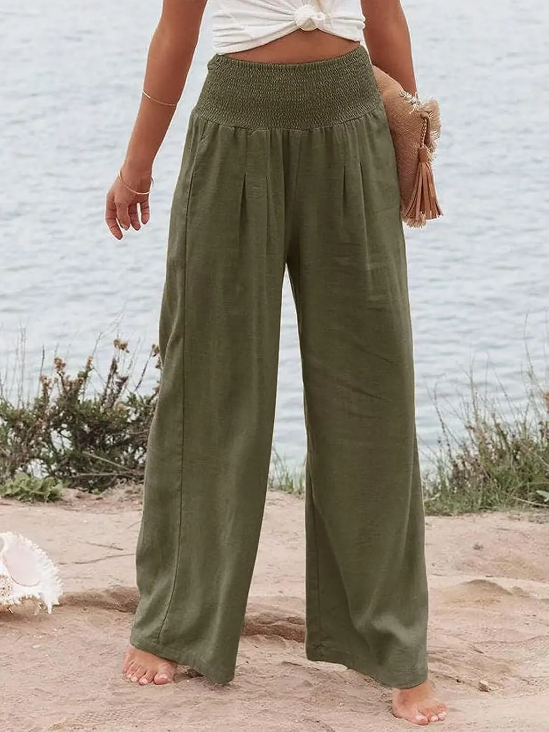 Chatinction Women Linen Palazzo Pants Flowy Wide Leg High Waist Lounge Boho Pant Trousers with Pockets