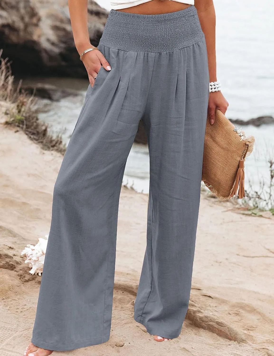 Chatinction Women Linen Palazzo Pants Flowy Wide Leg High Waist Lounge Boho Pant Trousers with Pockets
