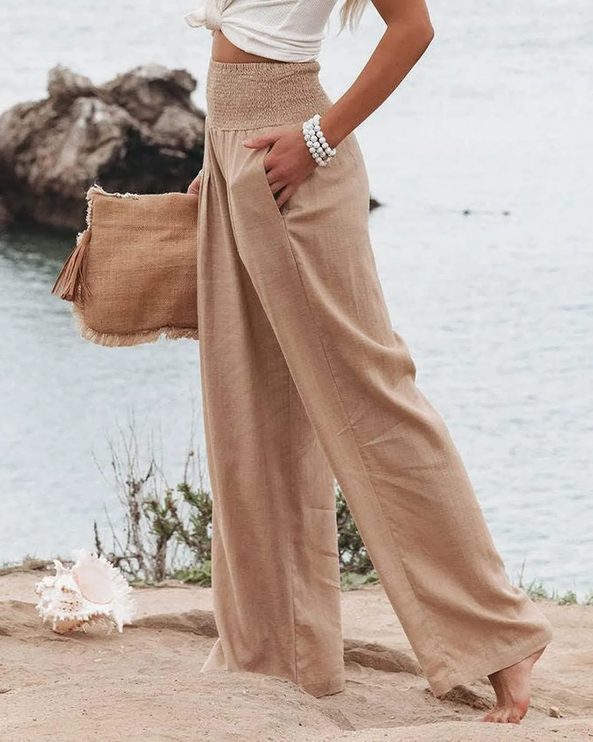 Chatinction Women Linen Palazzo Pants Flowy Wide Leg High Waist Lounge Boho Pant Trousers with Pockets