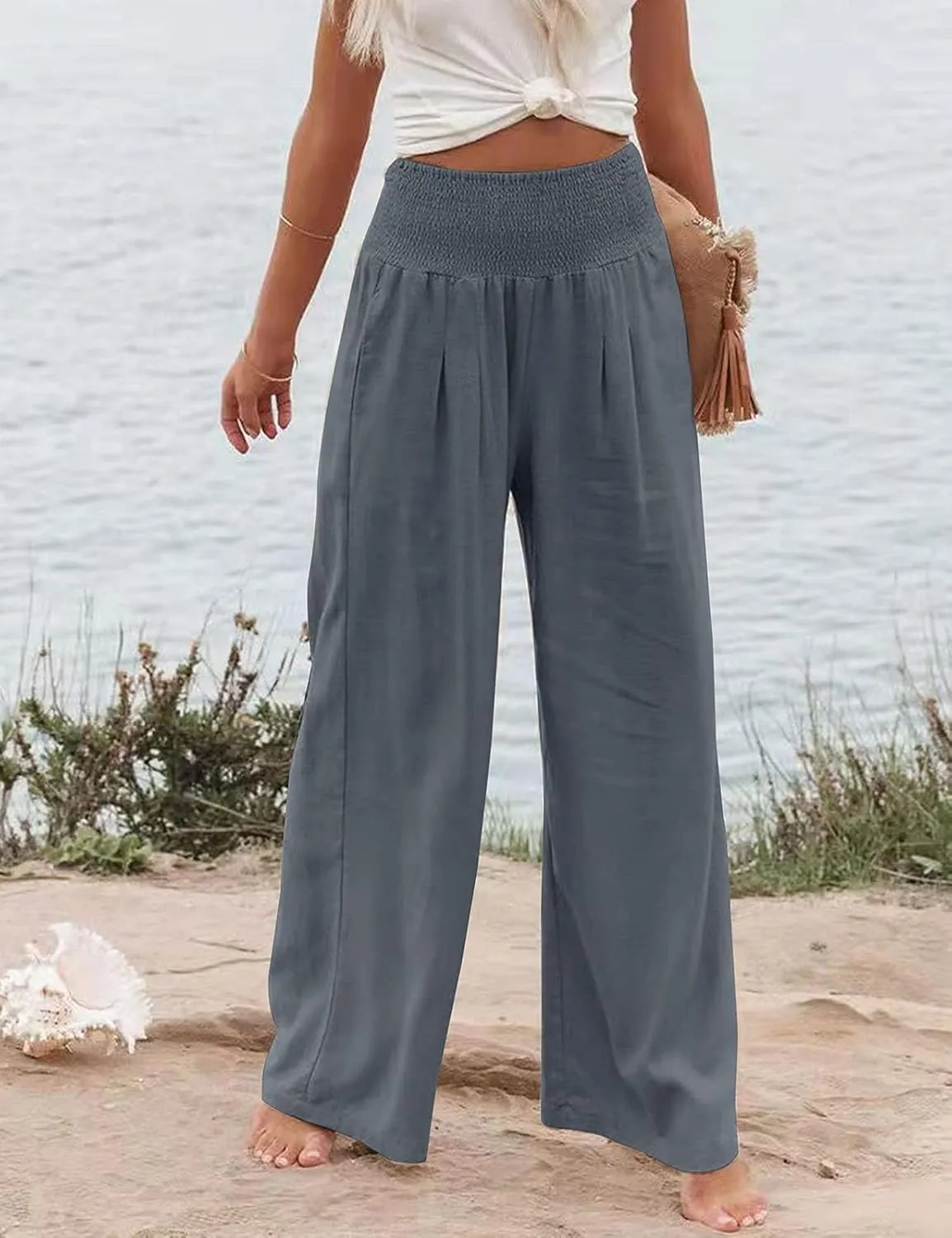 Chatinction Women Linen Palazzo Pants Flowy Wide Leg High Waist Lounge Boho Pant Trousers with Pockets