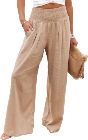 Chatinction Women Linen Palazzo Pants Flowy Wide Leg High Waist Lounge Boho Pant Trousers with Pockets