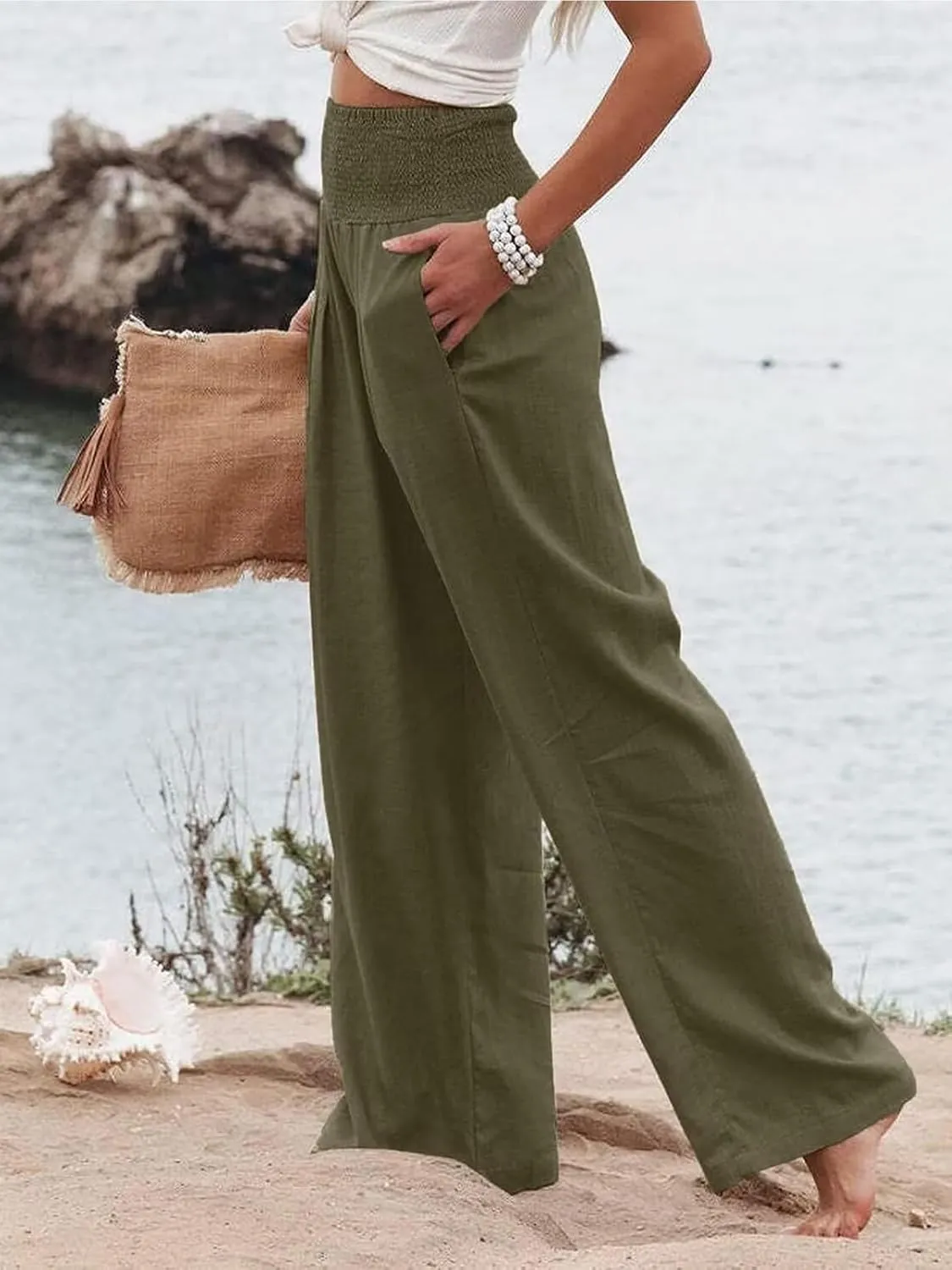 Chatinction Women Linen Palazzo Pants Flowy Wide Leg High Waist Lounge Boho Pant Trousers with Pockets