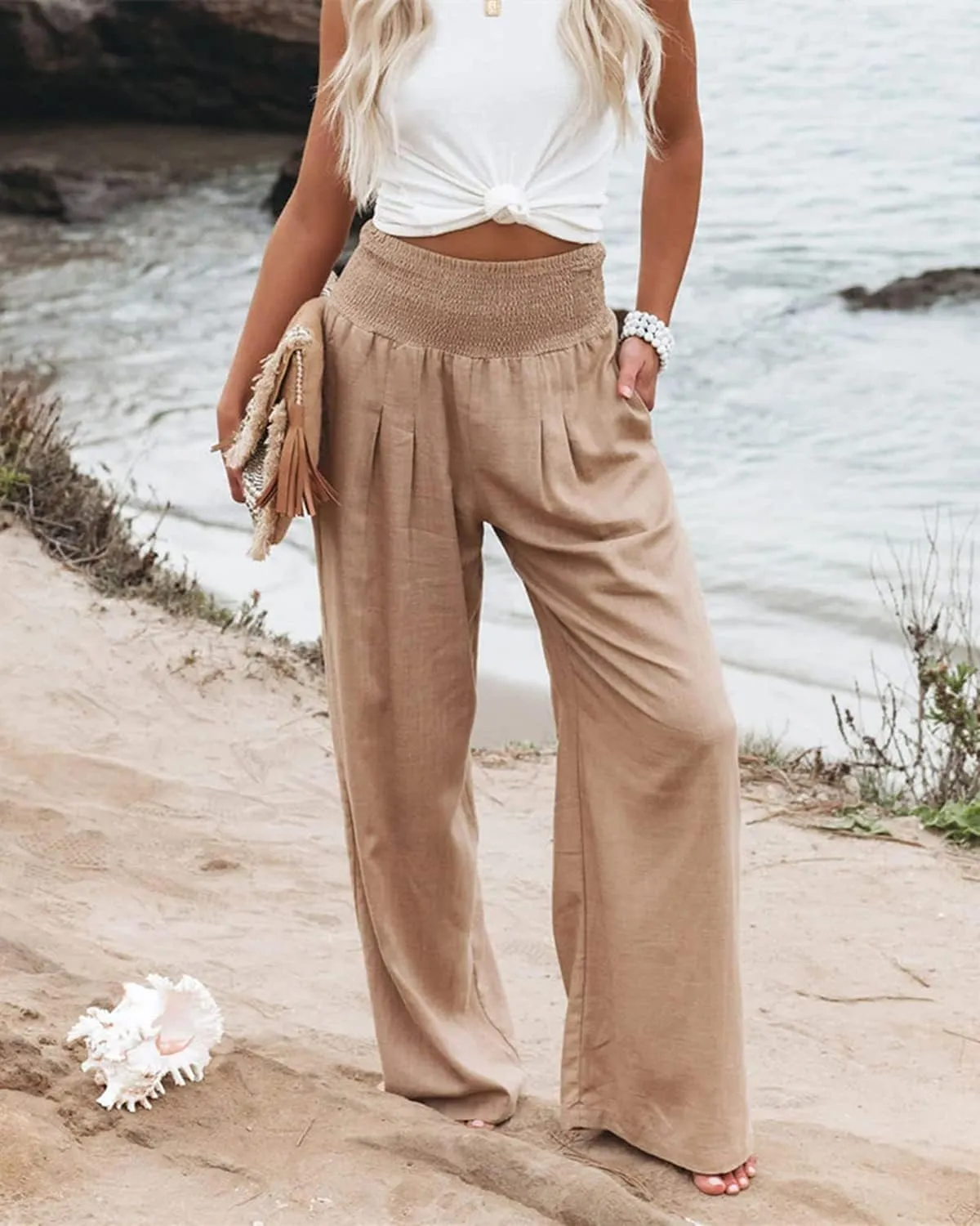 Chatinction Women Linen Palazzo Pants Flowy Wide Leg High Waist Lounge Boho Pant Trousers with Pockets