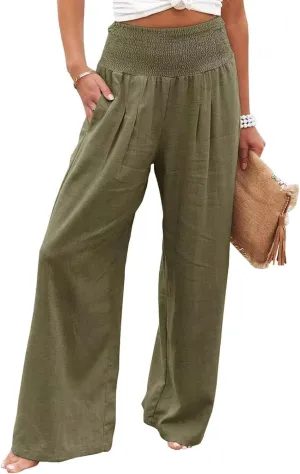 Chatinction Women Linen Palazzo Pants Flowy Wide Leg High Waist Lounge Boho Pant Trousers with Pockets