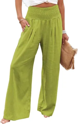 Chatinction Women Linen Palazzo Pants Flowy Wide Leg High Waist Lounge Boho Pant Trousers with Pockets