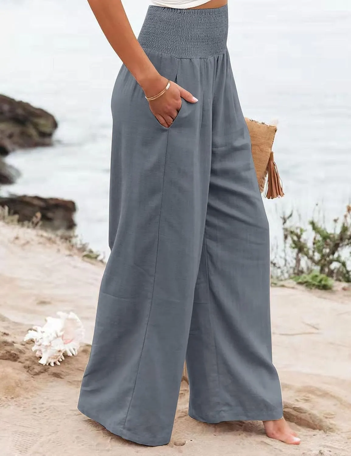 Chatinction Women Linen Palazzo Pants Flowy Wide Leg High Waist Lounge Boho Pant Trousers with Pockets