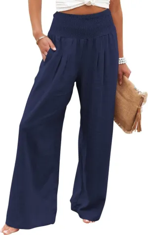 Chatinction Women Linen Palazzo Pants Flowy Wide Leg High Waist Lounge Boho Pant Trousers with Pockets