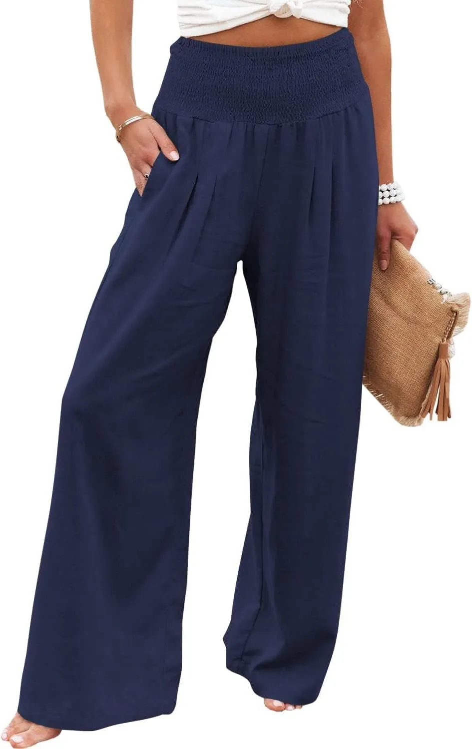 Chatinction Women Linen Palazzo Pants Flowy Wide Leg High Waist Lounge Boho Pant Trousers with Pockets