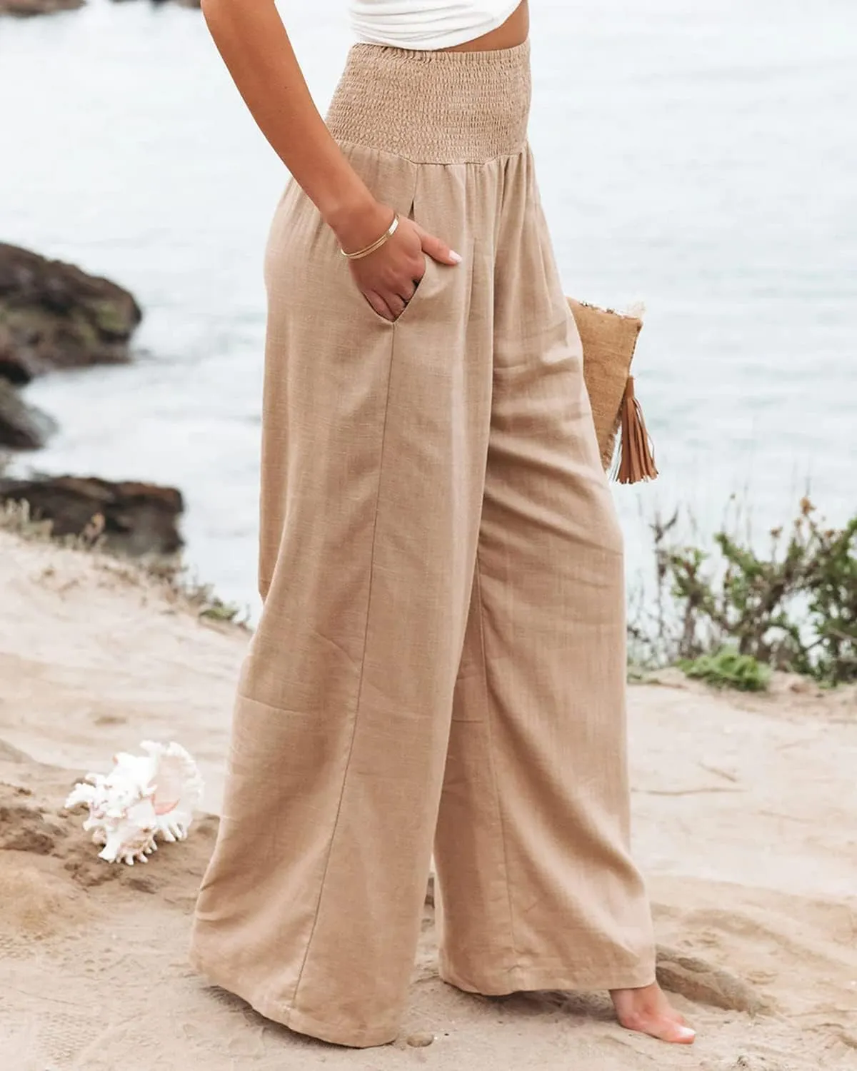 Chatinction Women Linen Palazzo Pants Flowy Wide Leg High Waist Lounge Boho Pant Trousers with Pockets