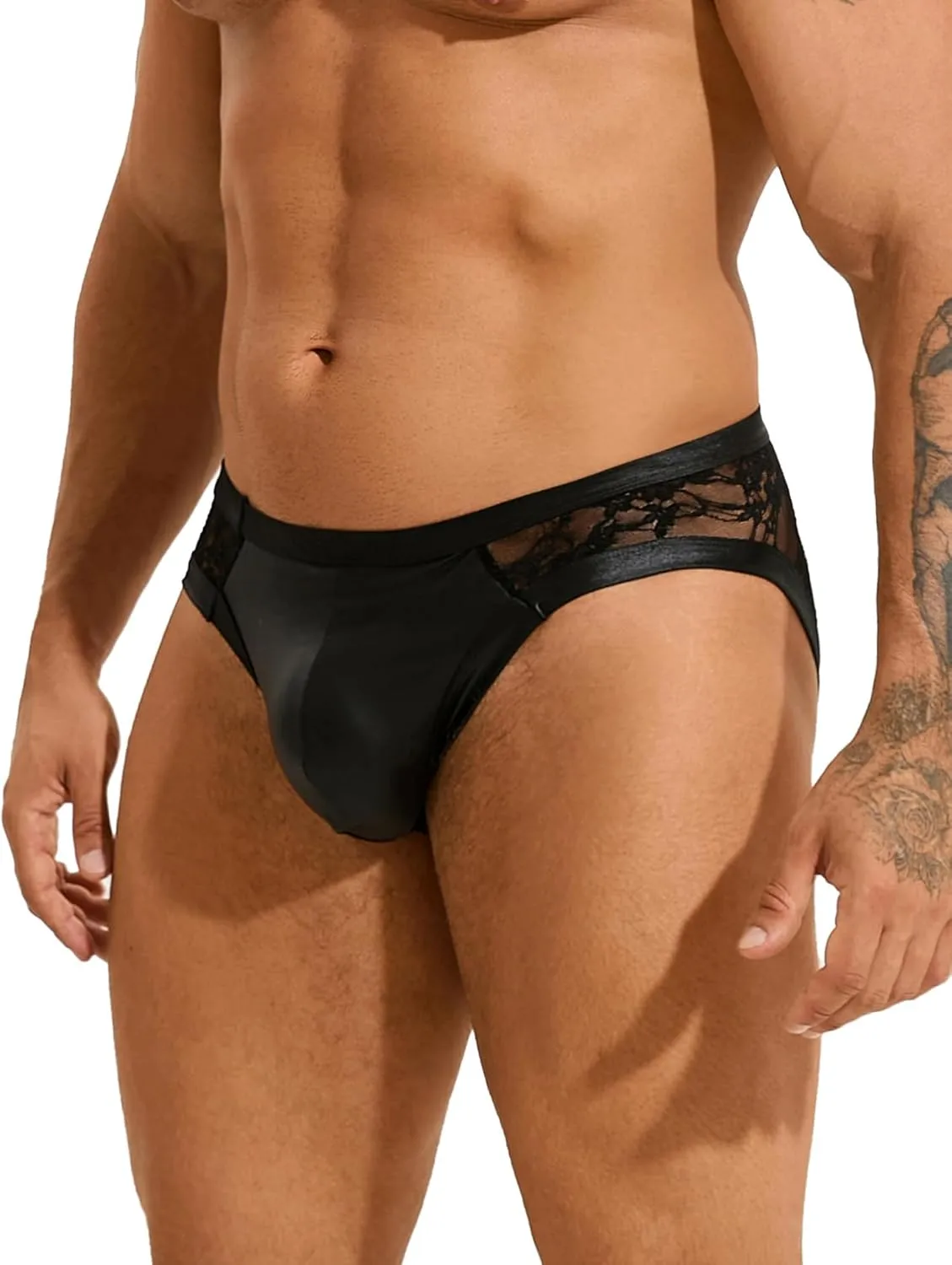 comeondear Men's Thong Underwear Plus Size Sissy Clothes for Men PU Leather Spliced Lace Briefs Breathable Jockstrap Black