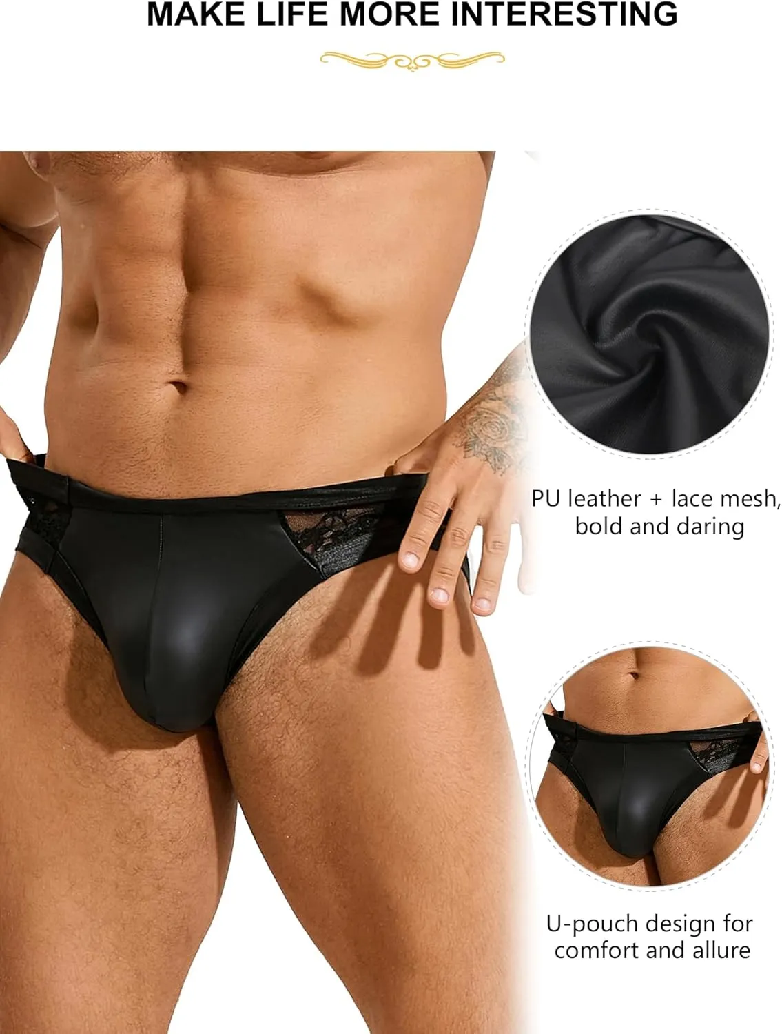 comeondear Men's Thong Underwear Plus Size Sissy Clothes for Men PU Leather Spliced Lace Briefs Breathable Jockstrap Black