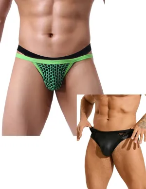 comeondear Men's Thong Underwear Plus Size Sissy Clothes for Men PU Leather Spliced Lace Briefs Breathable Jockstrap Black