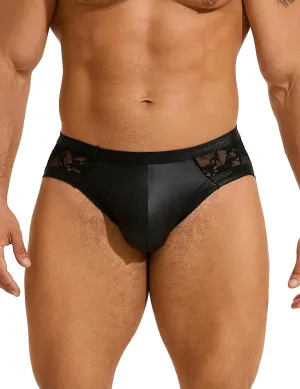 comeondear Men's Thong Underwear Plus Size Sissy Clothes for Men PU Leather Spliced Lace Briefs Breathable Jockstrap Black