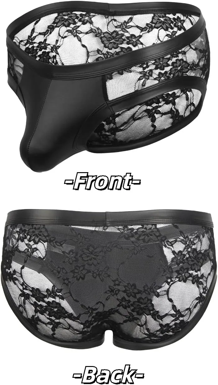 comeondear Men's Thong Underwear Plus Size Sissy Clothes for Men PU Leather Spliced Lace Briefs Breathable Jockstrap Black