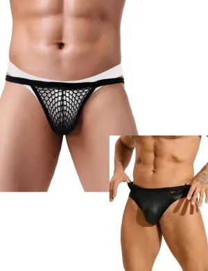 comeondear Men's Thong Underwear Plus Size Sissy Clothes for Men PU Leather Spliced Lace Briefs Breathable Jockstrap Black