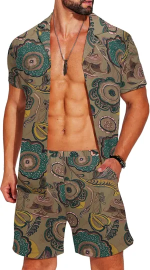 COOFANDY Men's Hawaiian Matching Shirt and Shorts Set Summer Beach 2 Piece Outfits Short Sleeve Cuban Shirts and Shorts
