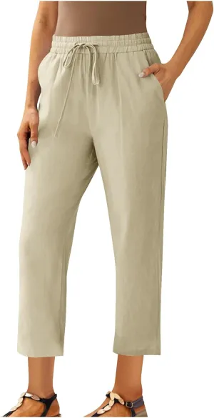 Cotton Linen Cropped Pants for Women High Waist Straight Leg Lounge Capris Casual Slacks Summer Trouser with Pockets