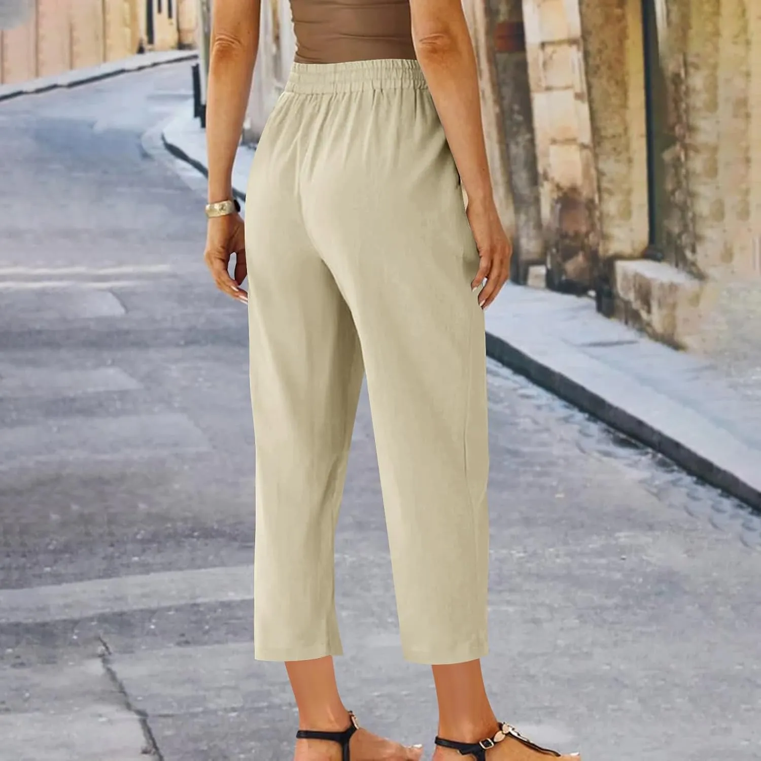 Cotton Linen Cropped Pants for Women High Waist Straight Leg Lounge Capris Casual Slacks Summer Trouser with Pockets