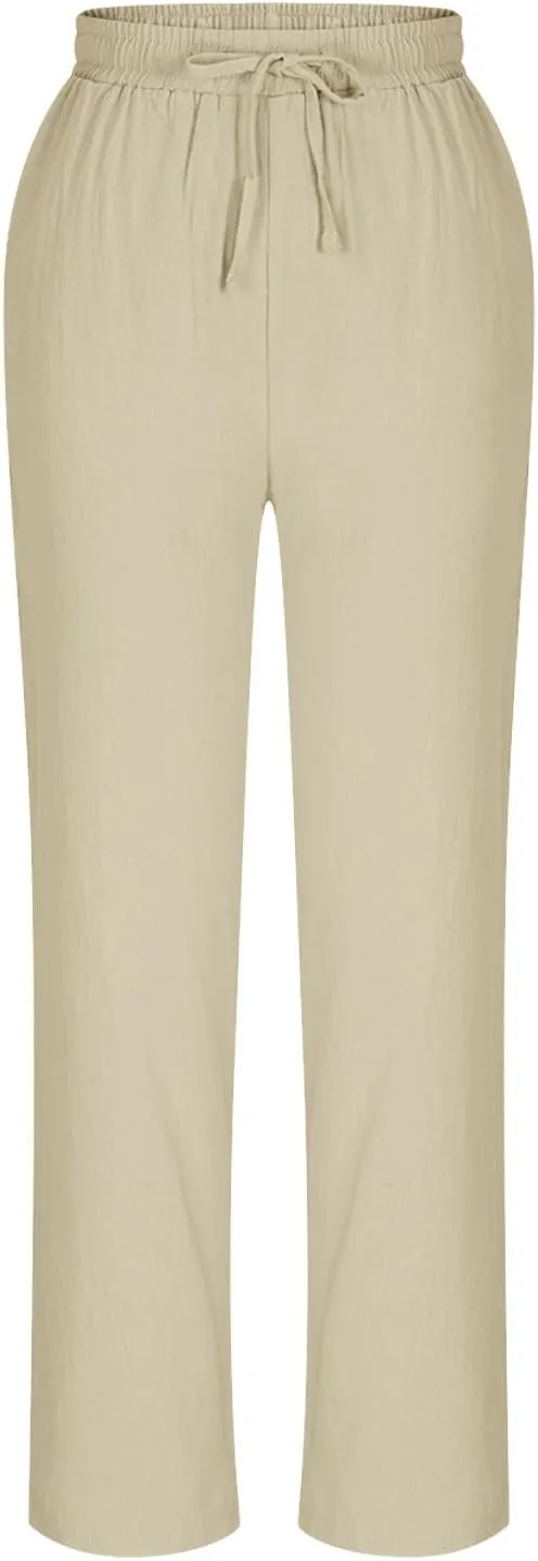 Cotton Linen Cropped Pants for Women High Waist Straight Leg Lounge Capris Casual Slacks Summer Trouser with Pockets