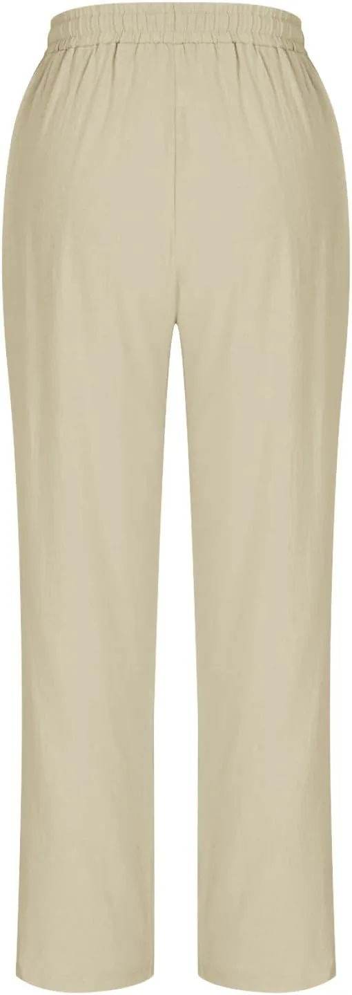 Cotton Linen Cropped Pants for Women High Waist Straight Leg Lounge Capris Casual Slacks Summer Trouser with Pockets