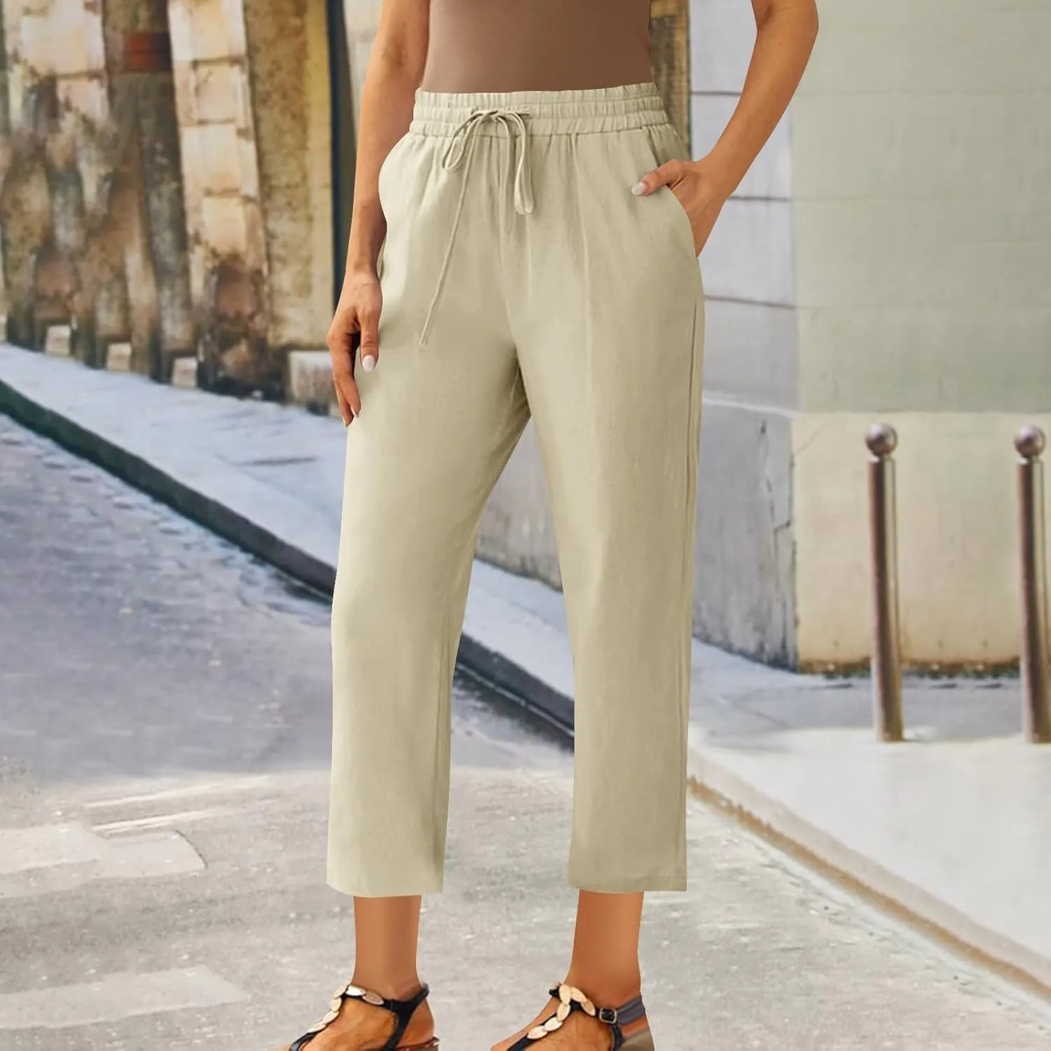 Cotton Linen Cropped Pants for Women High Waist Straight Leg Lounge Capris Casual Slacks Summer Trouser with Pockets