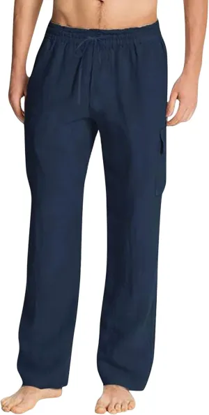 Cotton Linen Pants for Men Mid Waist Drawstring Pants Plain Breathable Yoga Trousers Baggy Beach Trouser with Pockets