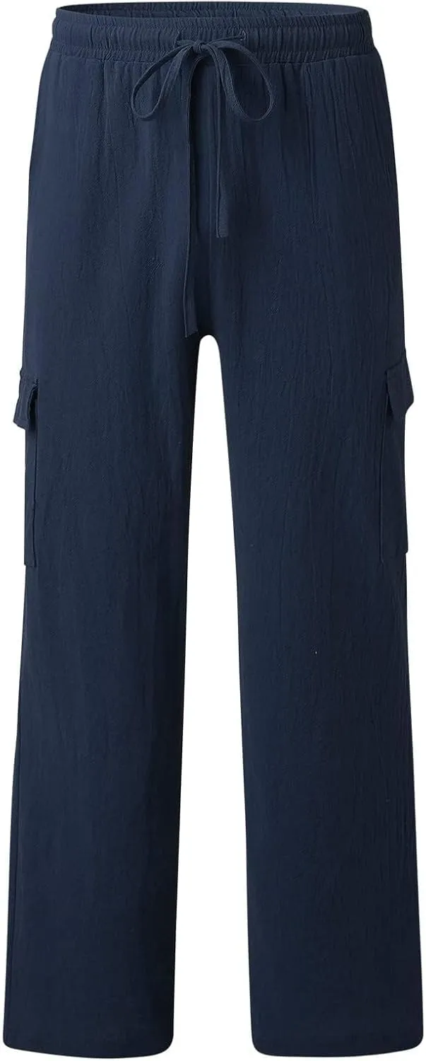 Cotton Linen Pants for Men Mid Waist Drawstring Pants Plain Breathable Yoga Trousers Baggy Beach Trouser with Pockets