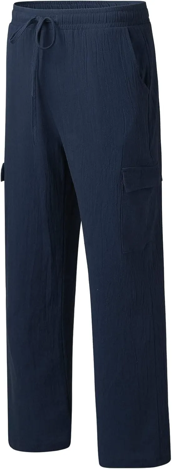 Cotton Linen Pants for Men Mid Waist Drawstring Pants Plain Breathable Yoga Trousers Baggy Beach Trouser with Pockets
