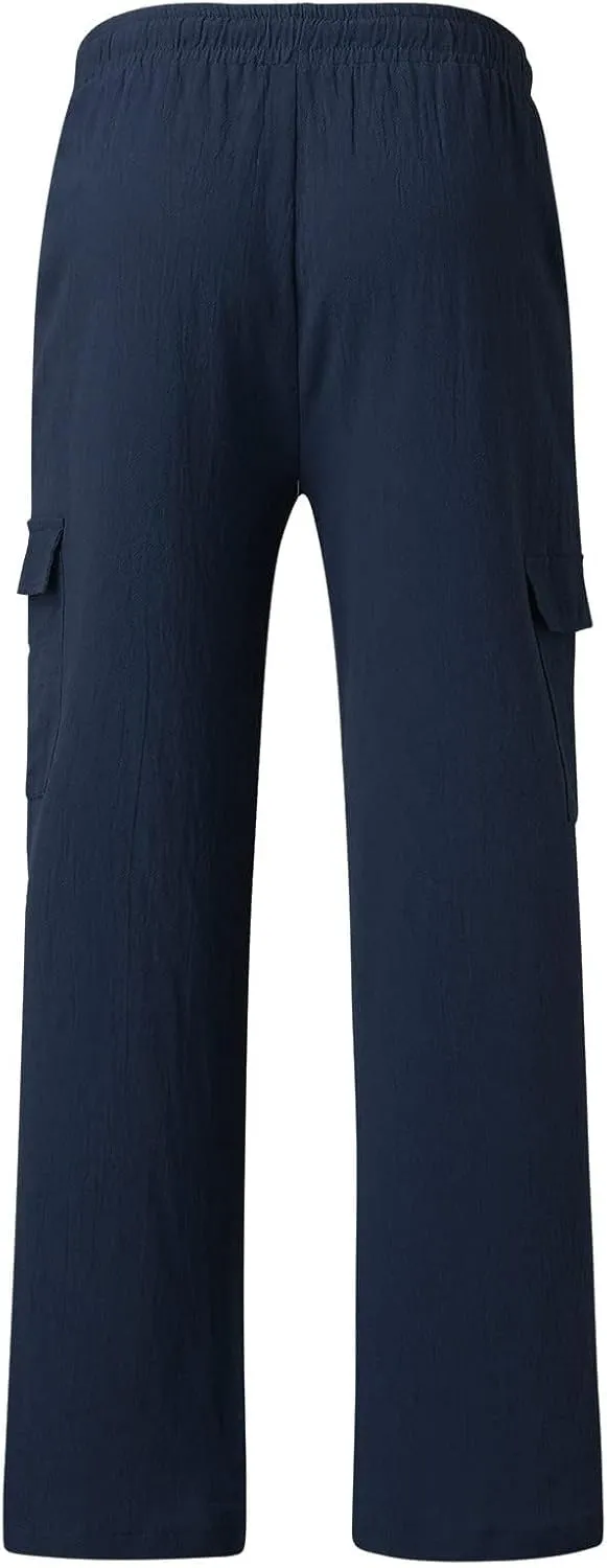 Cotton Linen Pants for Men Mid Waist Drawstring Pants Plain Breathable Yoga Trousers Baggy Beach Trouser with Pockets