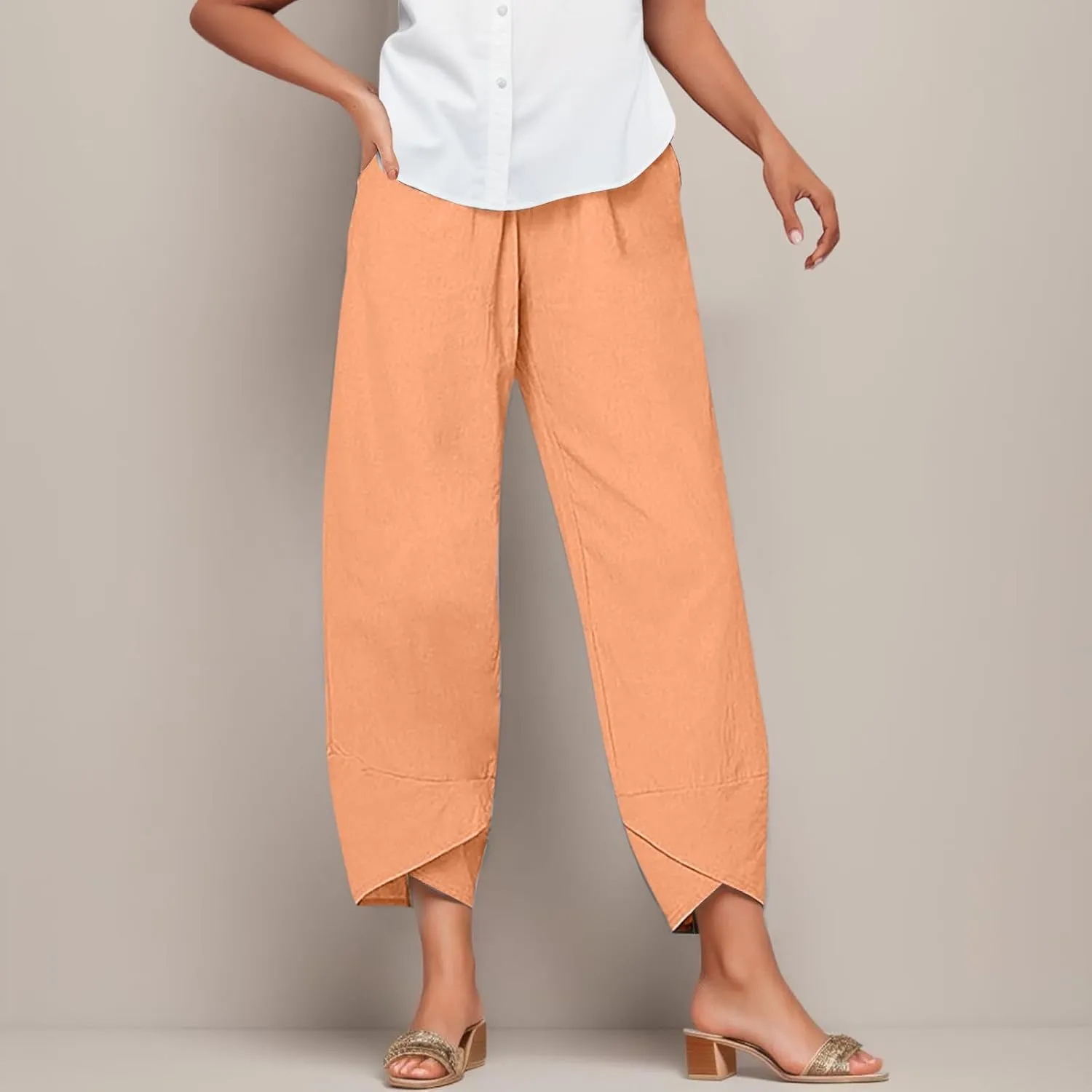Cotton Linen Pants for Women Casual Capri Pant Plus Size Wide Leg Palazzo Summer Cropped Elastic Waist Trousers