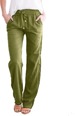 Cotton Linen Pants for Women Printed Capri Pant Plus Size Wide Leg Sweatpants Summer Cropped Elastic Waist Trousers