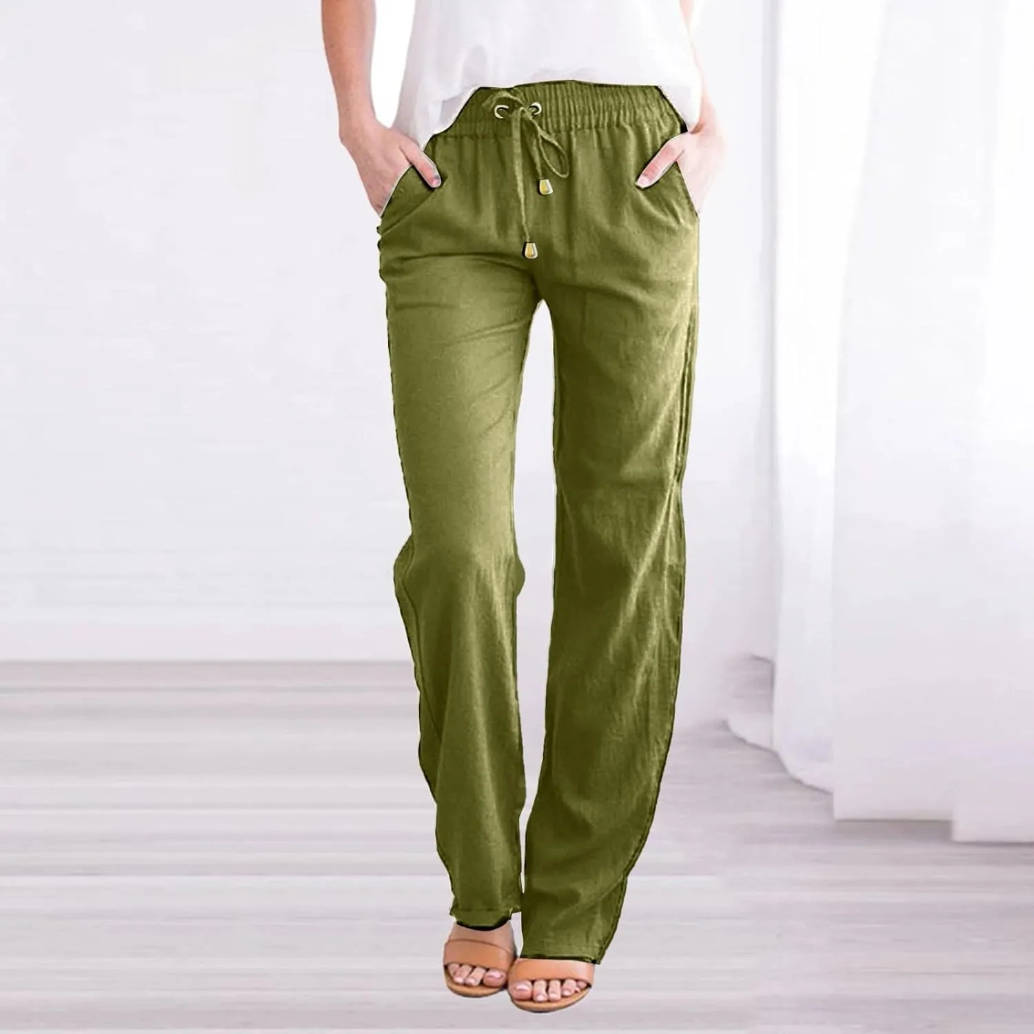 Cotton Linen Pants for Women Printed Capri Pant Plus Size Wide Leg Sweatpants Summer Cropped Elastic Waist Trousers