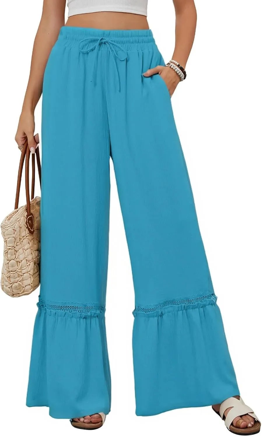 Cotton Linen Pants for Women Wide Leg Eyelet Lounge Trousers Drawstring Elastic Waist Summer Beach Pants with Pocket
