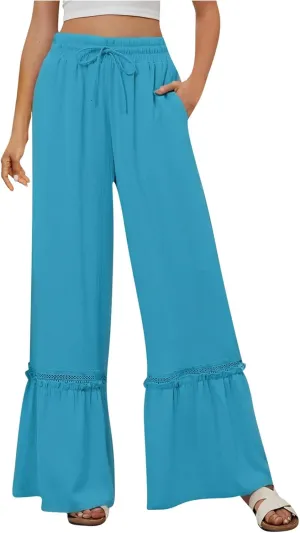 Cotton Linen Pants for Women Wide Leg Eyelet Lounge Trousers Drawstring Elastic Waist Summer Beach Pants with Pocket
