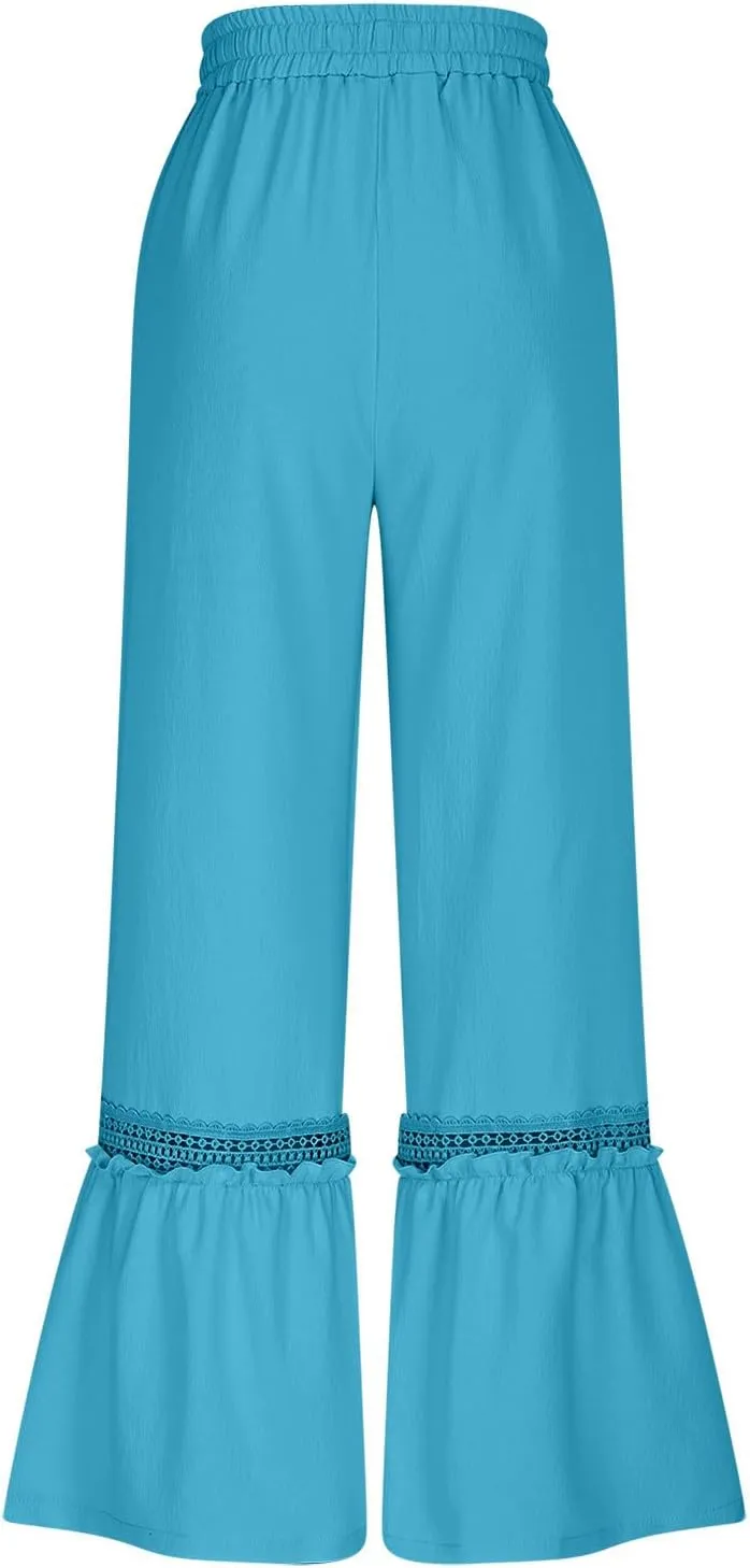 Cotton Linen Pants for Women Wide Leg Eyelet Lounge Trousers Drawstring Elastic Waist Summer Beach Pants with Pocket
