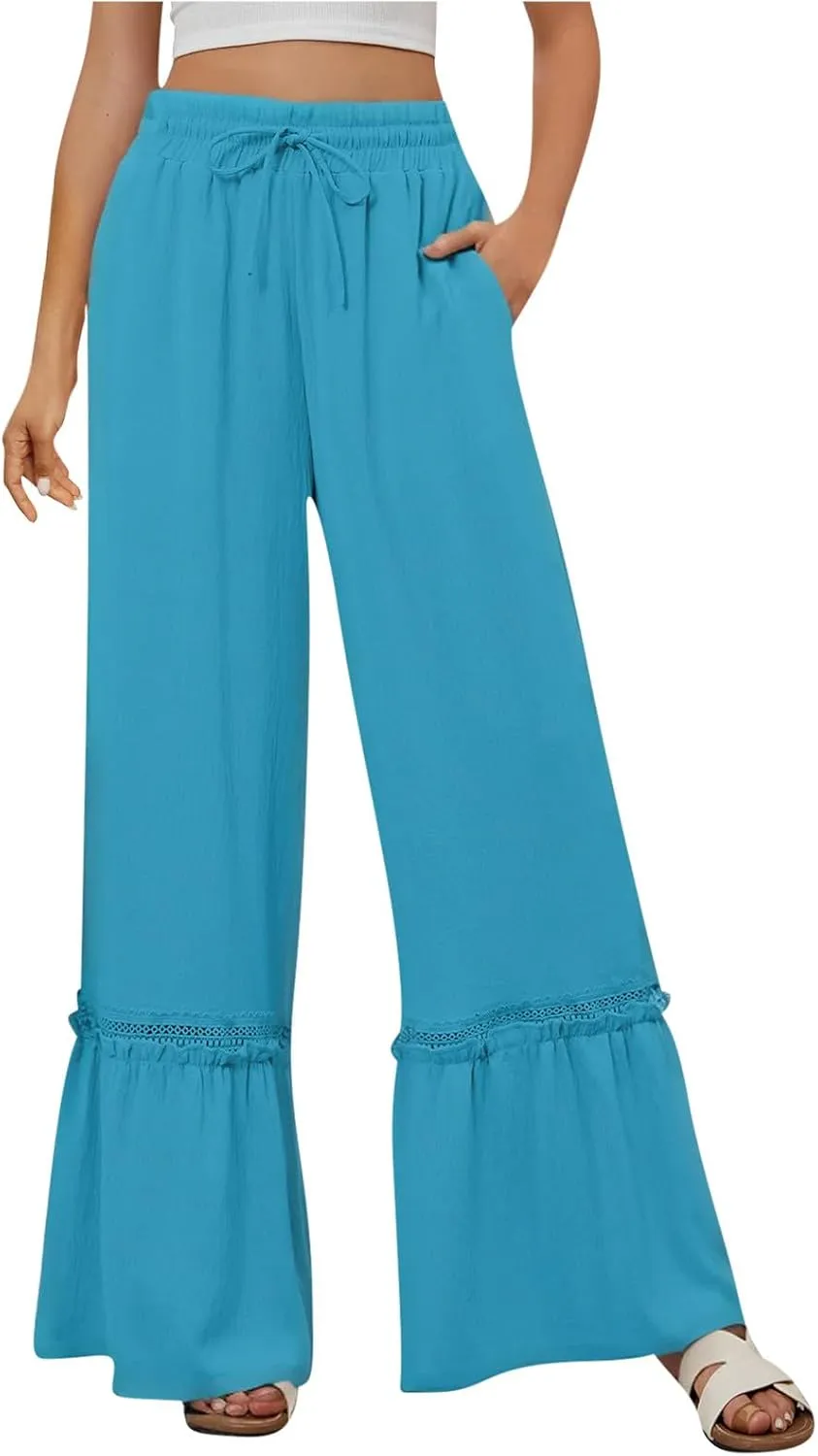 Cotton Linen Pants for Women Wide Leg Eyelet Lounge Trousers Drawstring Elastic Waist Summer Beach Pants with Pocket
