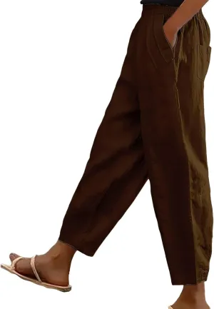 Cotton Linen Pants for Womens Elastic Waist Straight Leg Trousers 2025 Summer Loose Fir Comfy Hiking Jogger Sweatpant
