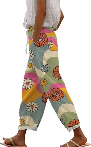 Cotton Linen Pants Women, Cotton Gauze Dresses for Women, Capri High Waisted Trousers Casual Loose Summer Beach Lounge Trousers Pantaln De Lino para Mujer Hot Pink Medium