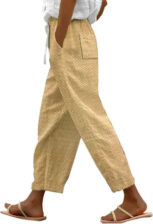 Cotton Linen Pants Women, Linen Cotton Pants Women, Pantalones De Lino, Capri High Waisted Elastic Waist Trousers Casual Loose Summer Lounge Long Trousers Yellow 4X-Large