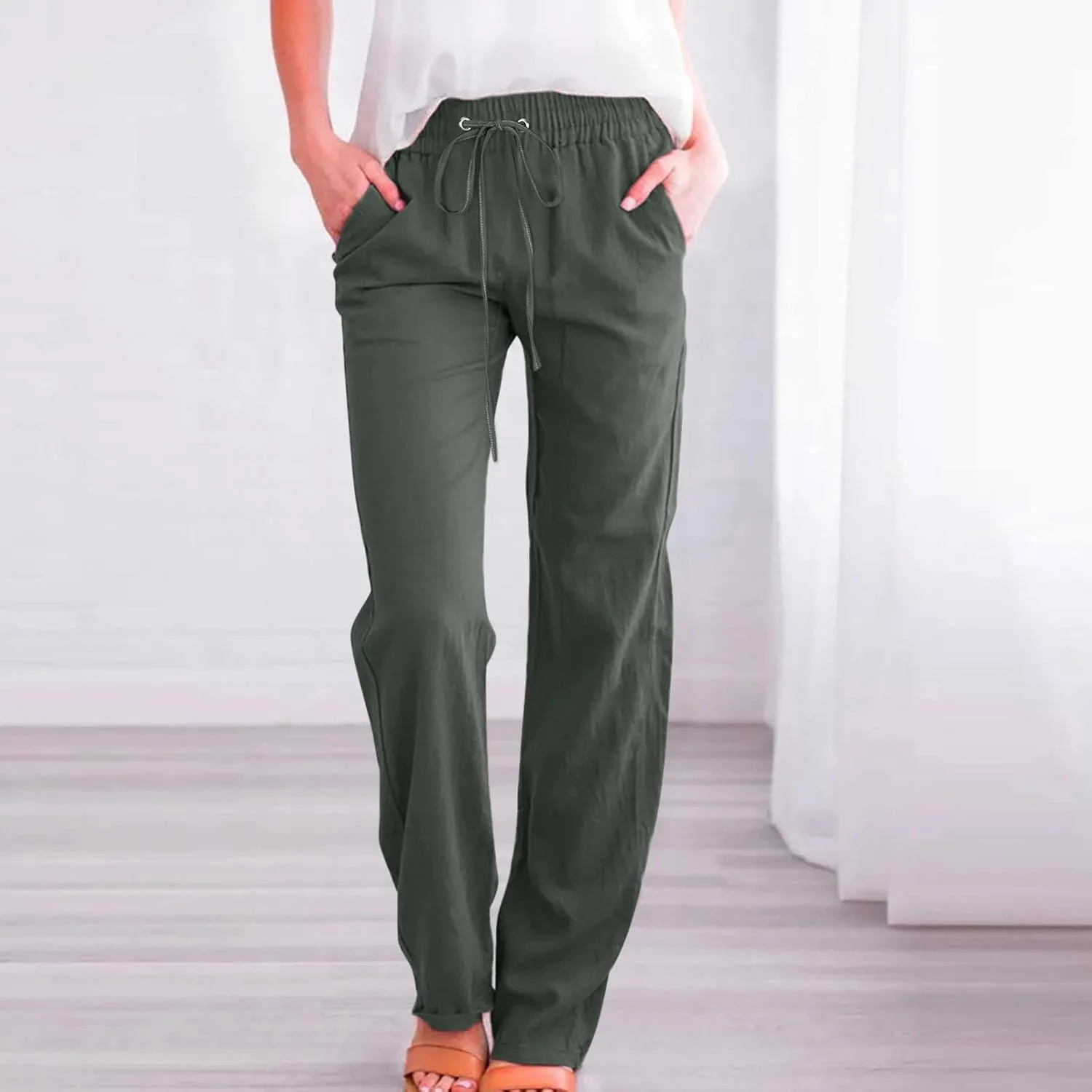 Cotton Linen Pants Women Straight Leg Casual Loose Fit Elastic High Waist Boho Sweatpant Drawstring Palazzo Trouser