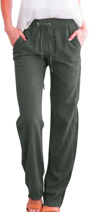 Cotton Linen Pants Women Straight Leg Casual Loose Fit Elastic High Waist Boho Sweatpant Drawstring Palazzo Trouser