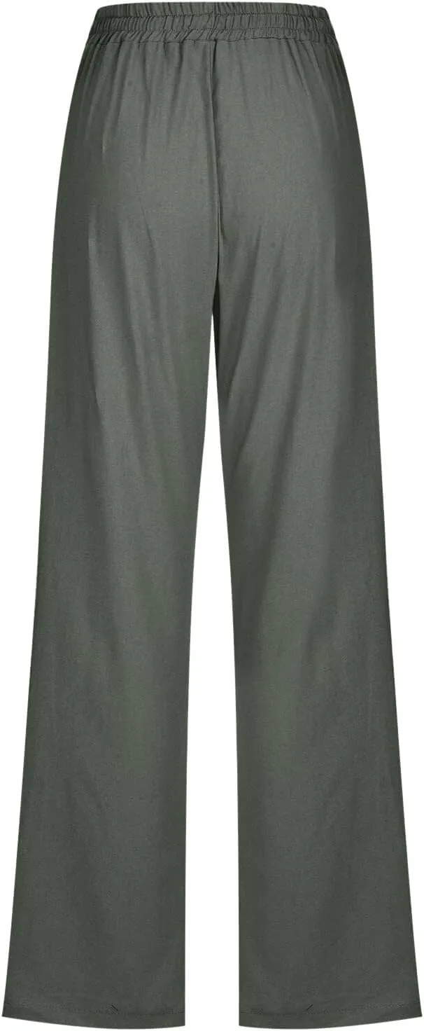Cotton Linen Pants Women Straight Leg Casual Loose Fit Elastic High Waist Boho Sweatpant Drawstring Palazzo Trouser