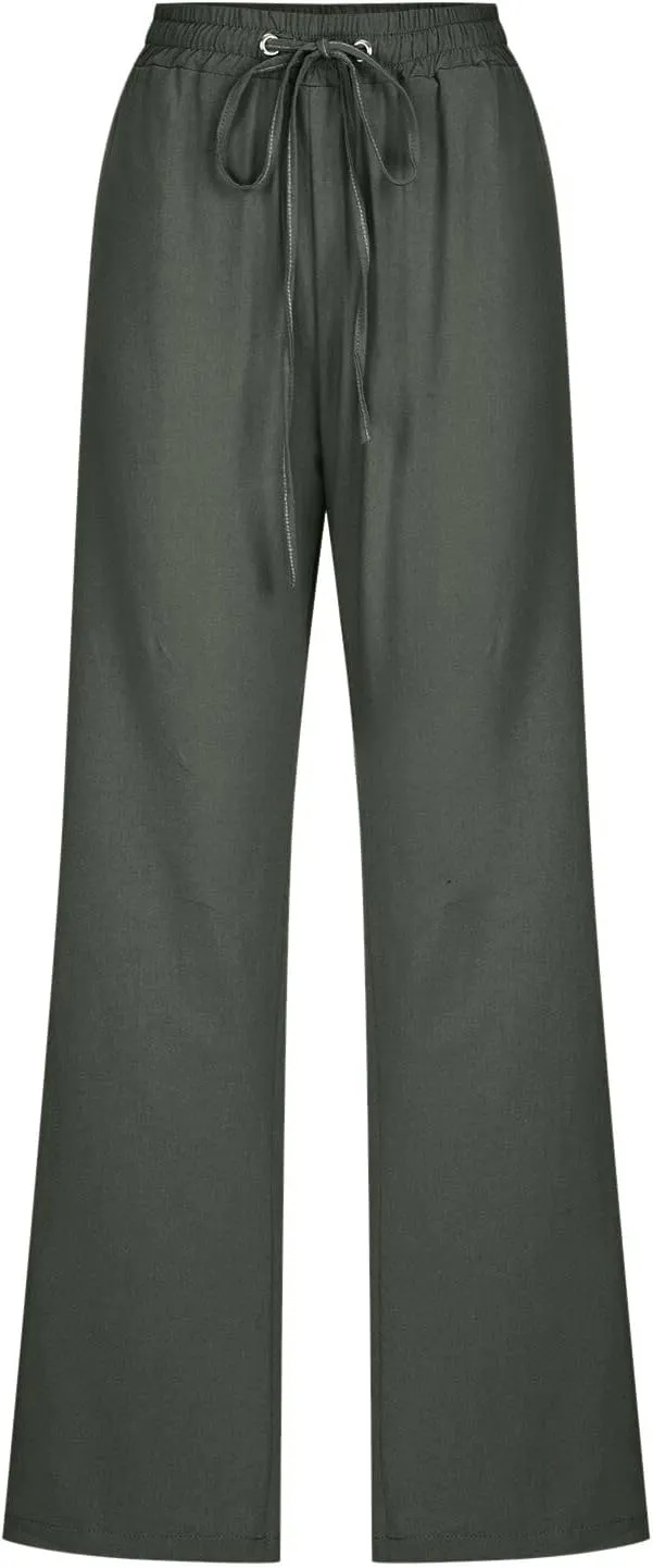 Cotton Linen Pants Women Straight Leg Casual Loose Fit Elastic High Waist Boho Sweatpant Drawstring Palazzo Trouser