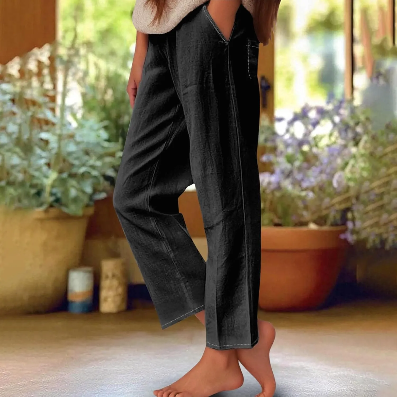 Cotton Linen Pants Women's Casual Summer Relax Fit Elastic Waist Straight Leg Comfy Solid Lounge Long Trouser with