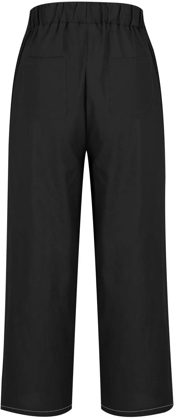 Cotton Linen Pants Women's Casual Summer Relax Fit Elastic Waist Straight Leg Comfy Solid Lounge Long Trouser with
