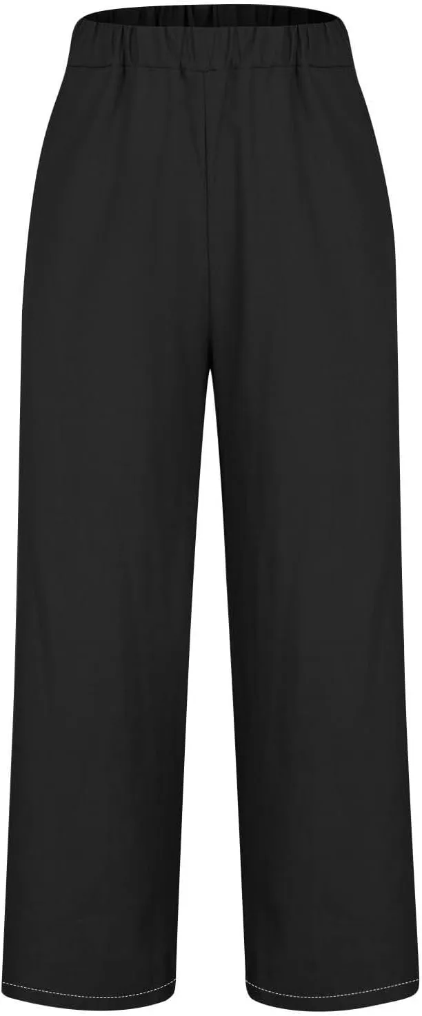 Cotton Linen Pants Women's Casual Summer Relax Fit Elastic Waist Straight Leg Comfy Solid Lounge Long Trouser with