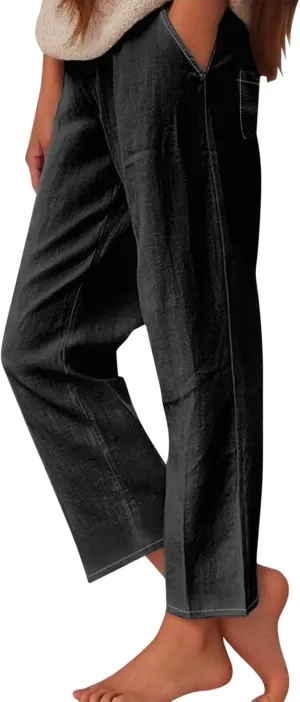 Cotton Linen Pants Women's Casual Summer Relax Fit Elastic Waist Straight Leg Comfy Solid Lounge Long Trouser with