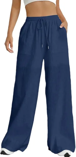 Cotton Linen Trousers for Women Drawstring High Waisted Lightweight Loose Wide Leg Palazzo Pants Casual Holiday Pants