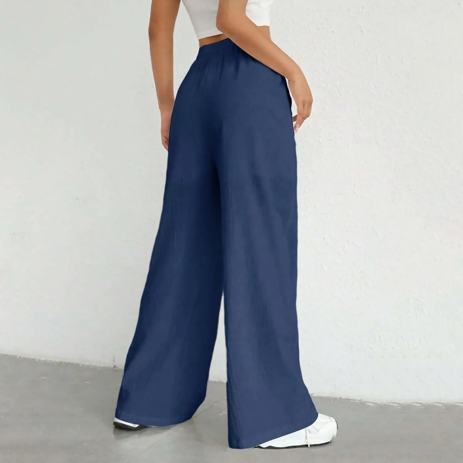 Cotton Linen Trousers for Women Drawstring High Waisted Lightweight Loose Wide Leg Palazzo Pants Casual Holiday Pants